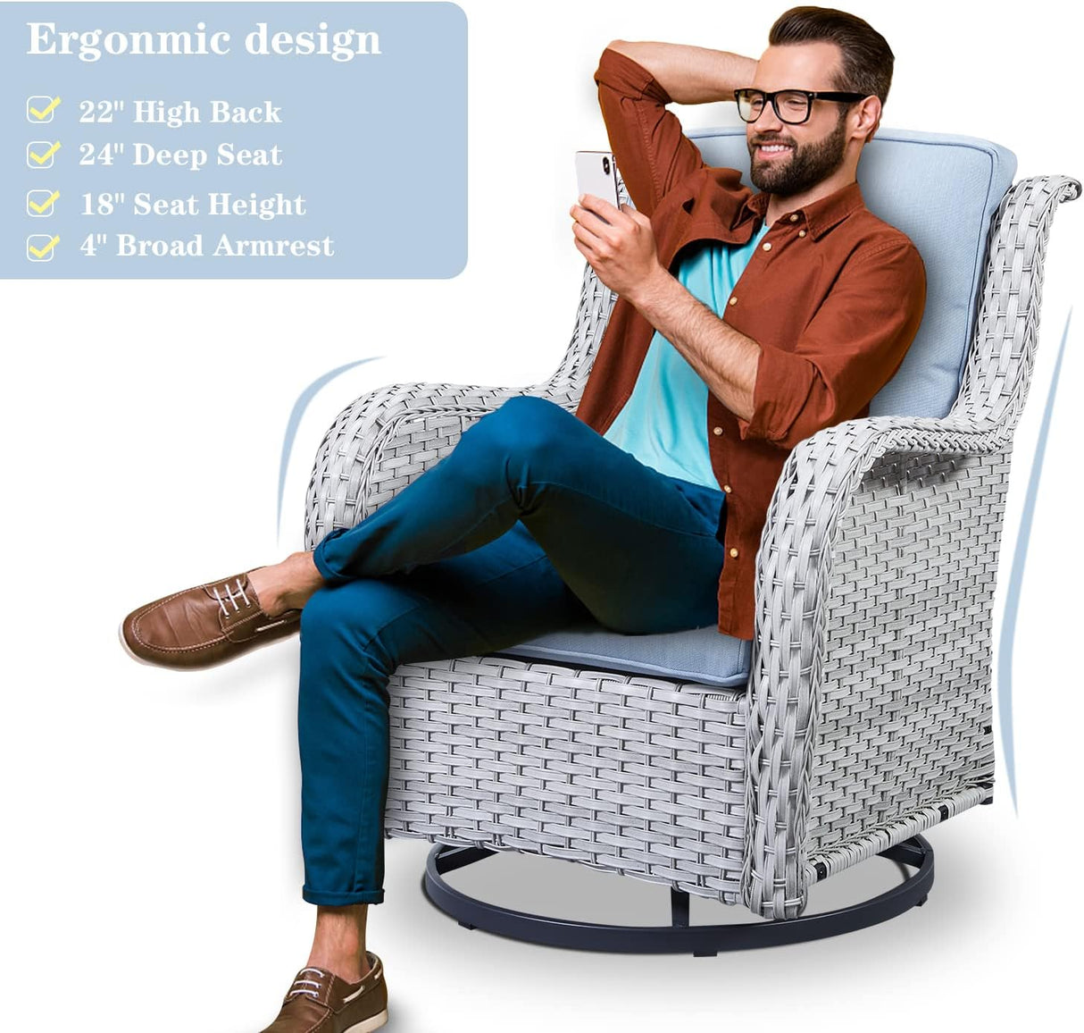 Belord Juego de muebles de patio al aire libre de 5 piezas, muebles de mimbre para conversación, sillas mecedoras giratorias para exteriores con sofá de 3 plazas y 2 otomanas para espacios pequeños, cojín azul bebé