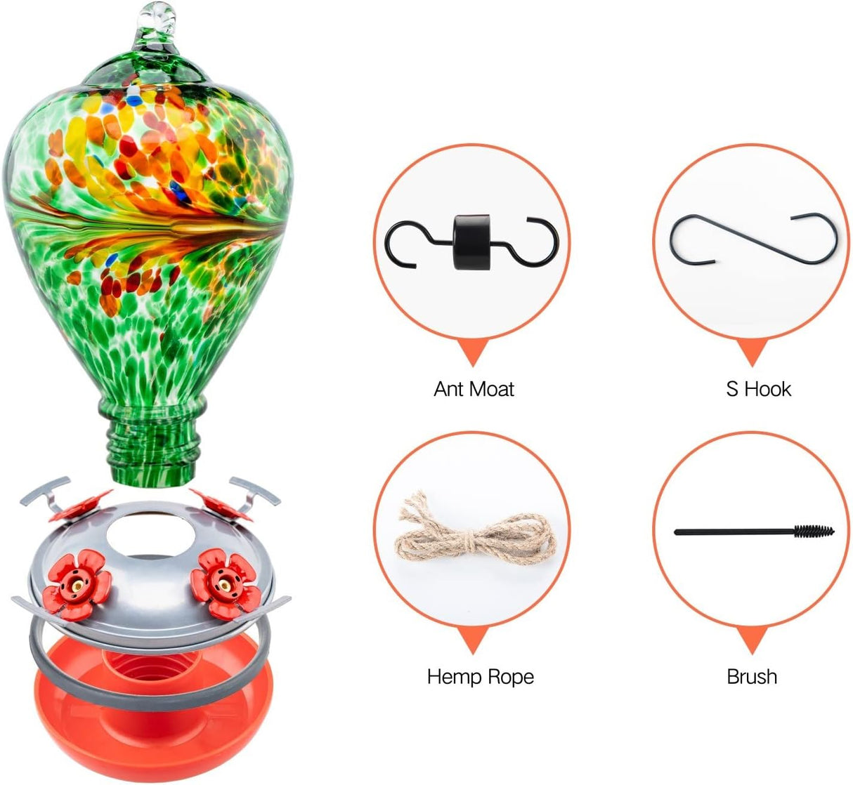 Muse Garden - Comedero para colibríes para exteriores vidrio soplado a mano, 34 onzas, foso de hormigas incluido, Peacock