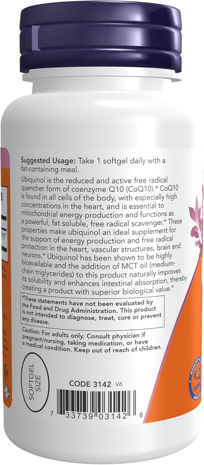 Suplemento Ubiquinol 100 mg NOW Foods, 60 Softgels Bioaval.