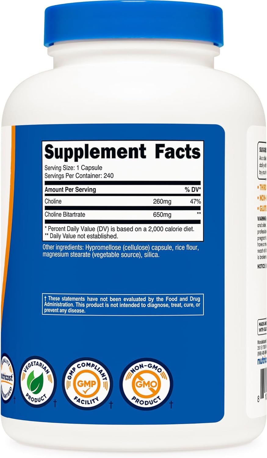 Nutricost Bitartrato de Colina 650mg, 240 cápsulas veganas