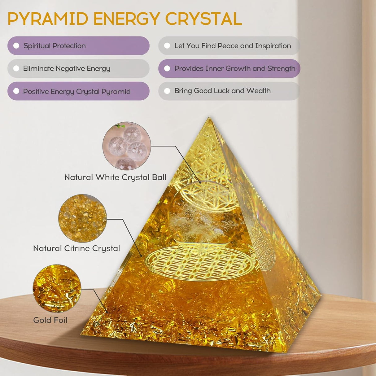 Pirámide de cristales de orgón para energía positiva, piedras