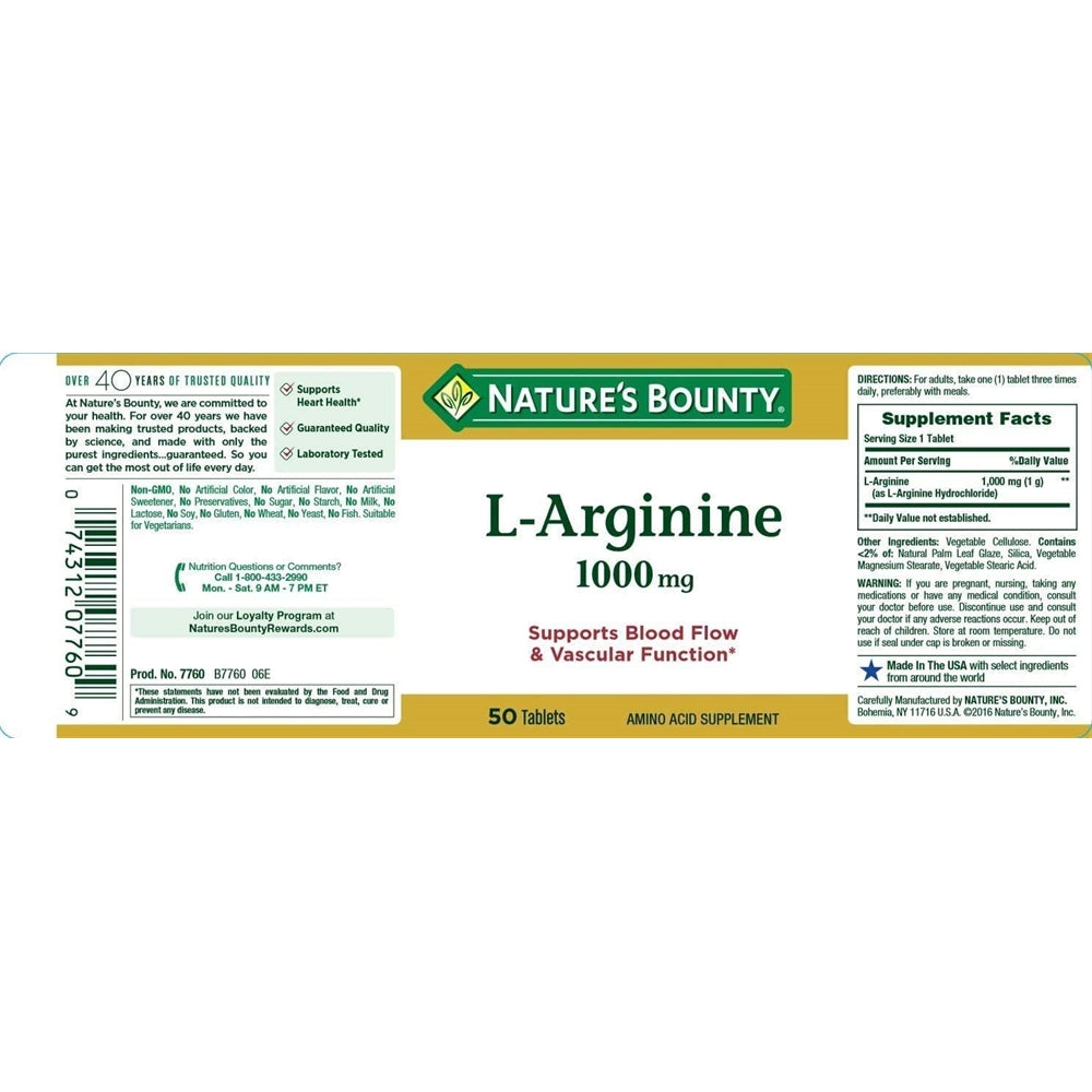 Suplemento L-arginina apoya el flujo sanguínea 1000 mg 50un