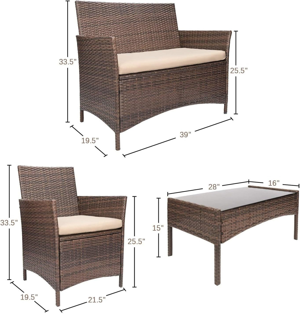 Devoko - Juego de 4 muebles de patio para porche (mimbre, mimbre, polietileno), color beige