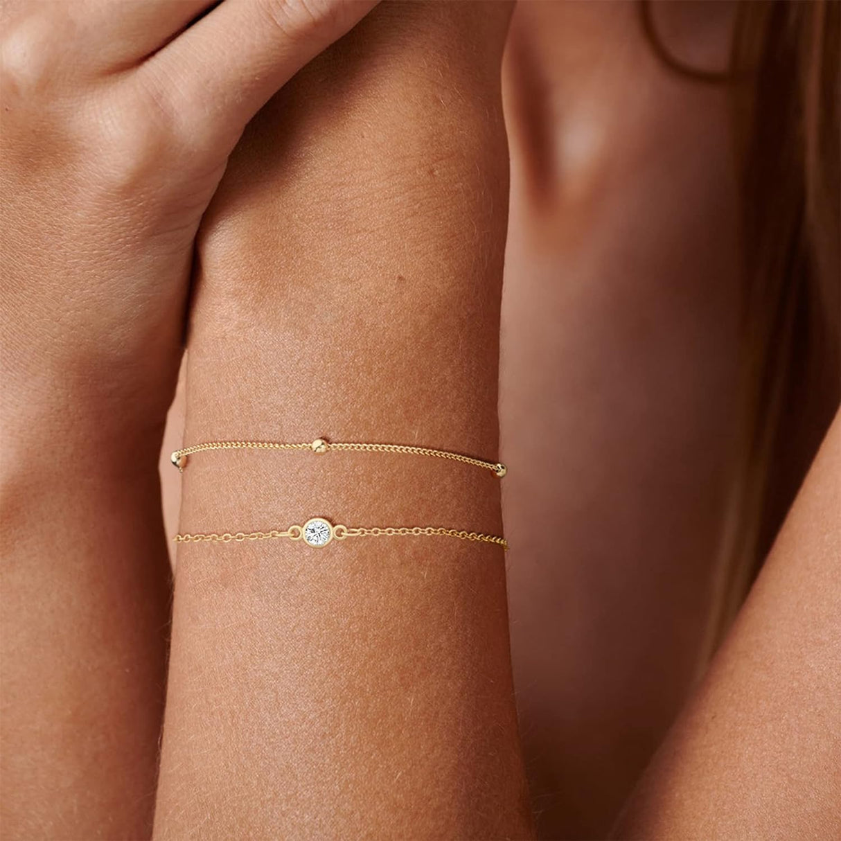 juego de pulseras de oro real de 14 quilates para mujer