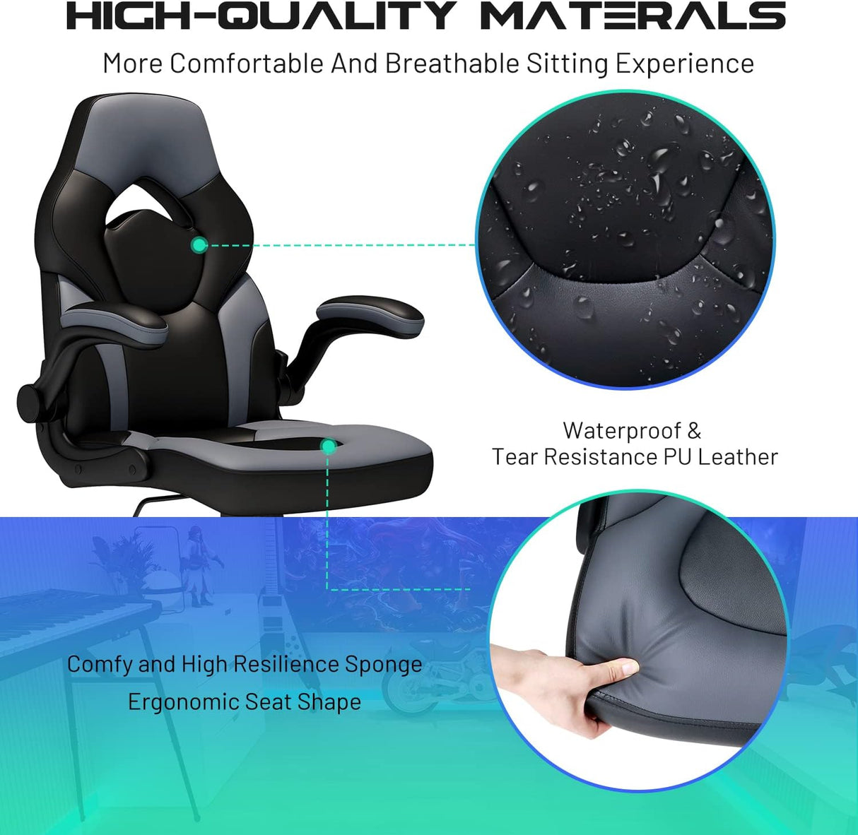 Silla Gaming ergonómica de cuero, Negro QSCH Wonder Comfort