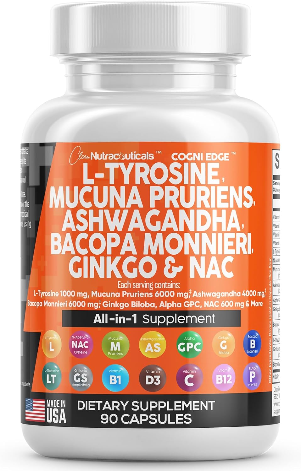 Suplemento Clean Nutraceuticals L Tirosina 1000mg Mucuna