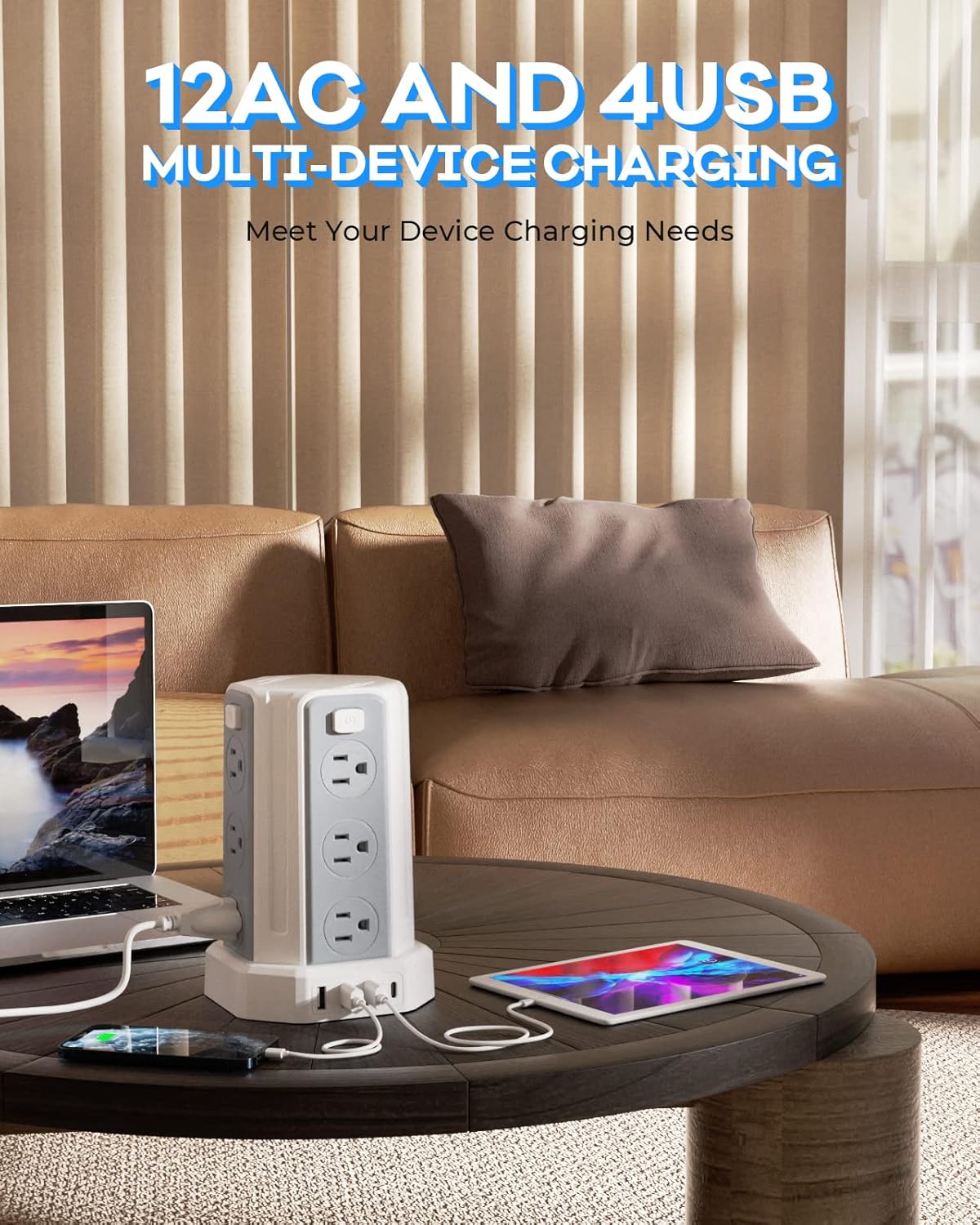 Regleta de protección contra sobretensiones con 12 enchufes de CA y 4 puertos USB, con cable de alimentación de 9.8 pies, apto para casa u oficina