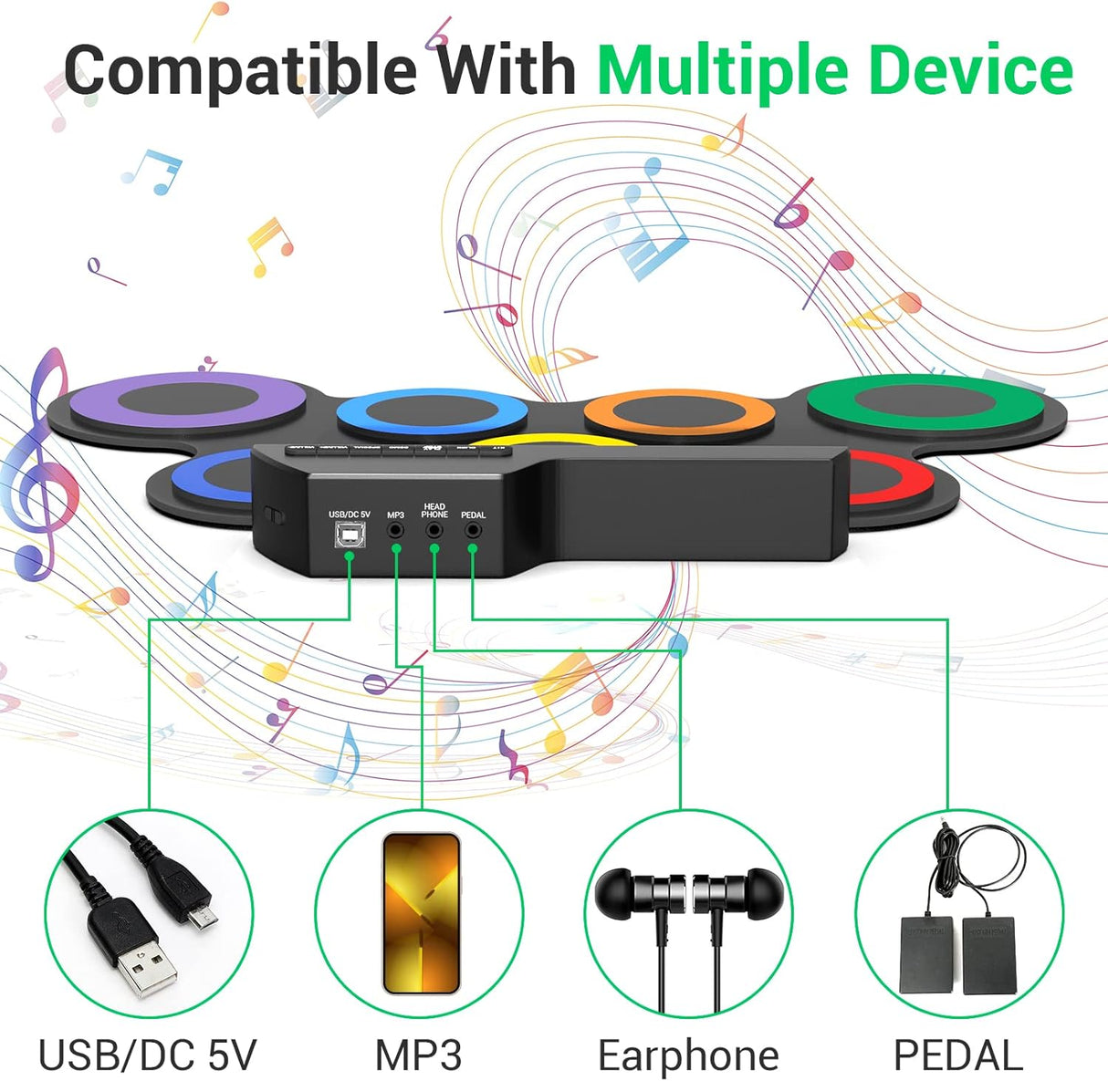 Batería Electrónica Infantil con 7 Pads y Auriculares, Pads Prácticos, Regalo Ideal para Niños en Navidad y Cumpleaños