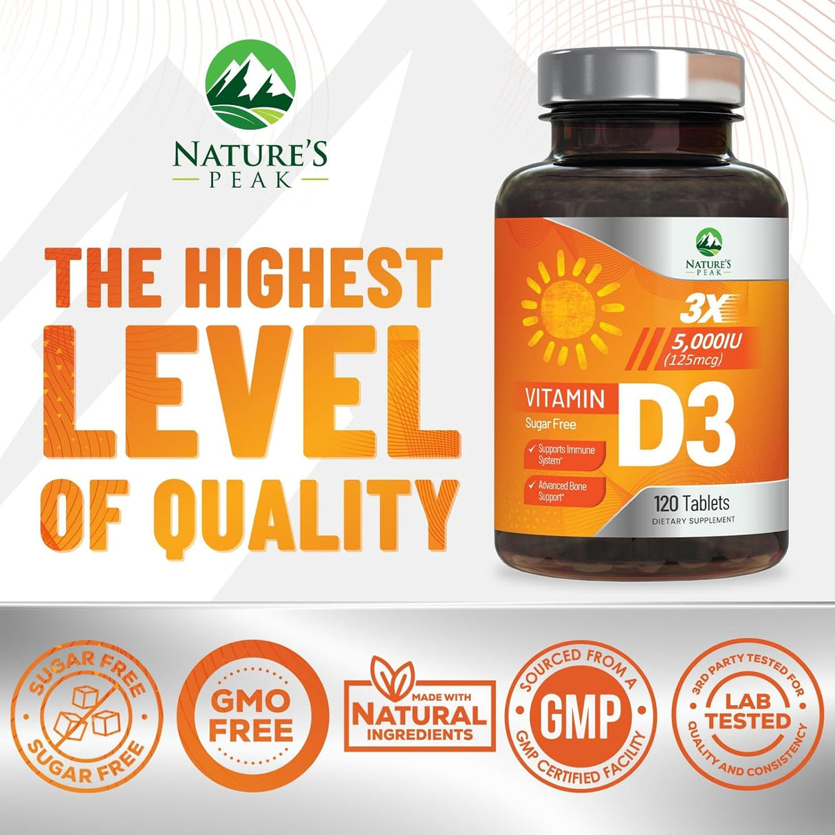 Suplemento de Vitamina D3 5000 IU - Alta Potencia, 120 Tabletas