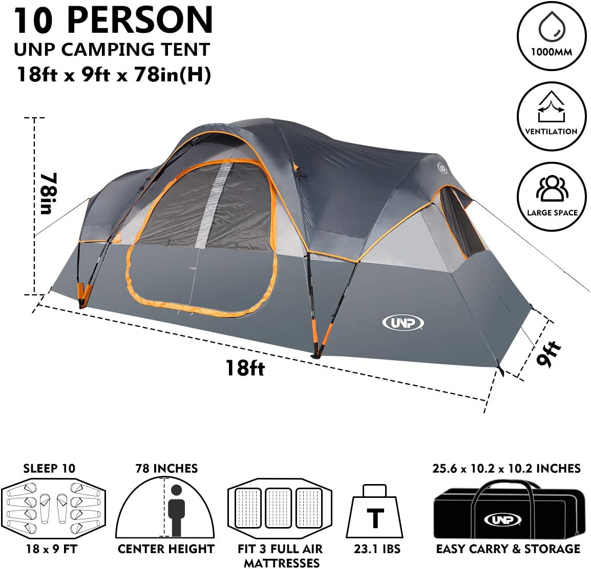 Carpa Familiar UNP 10 Personas, Doble Capa, Impermeable, 2 Habitaciones