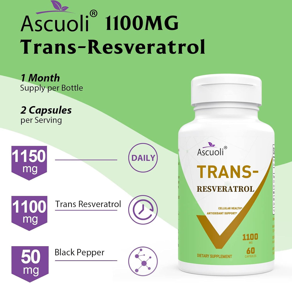 Suplemento Ascuoli 99% Ultra Purity Trans-Resveratrol 1100mg