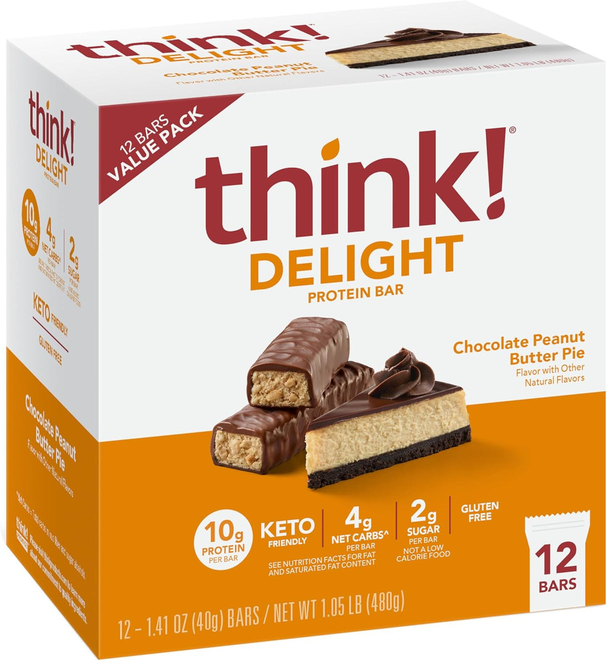 Delight Protein Bars, Chocolate Peanut Butter Pie, 12u
