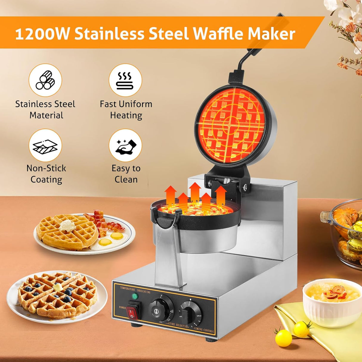 Waffle Maker WICHEMI 360° Flip, No Stick, Control Tiempo, 110V