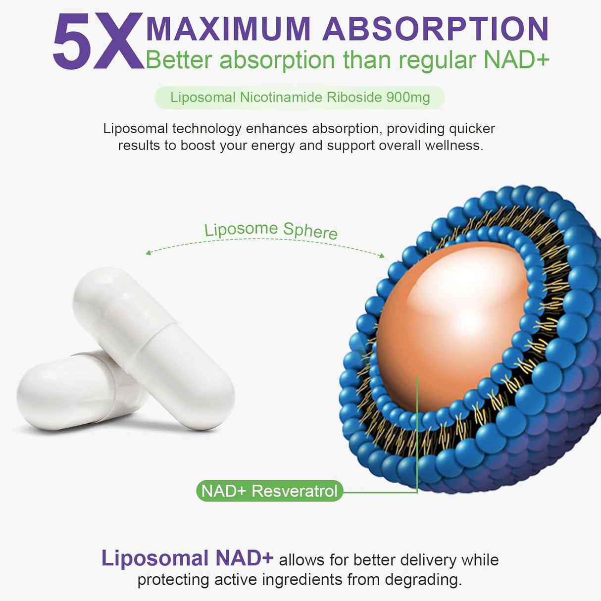 Suplemento NAD+, Nicotinamida Ribósido 900mg, 80 Cápsulas