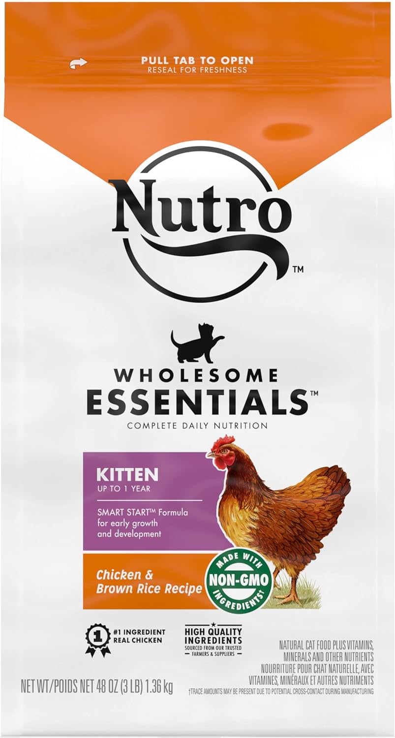 NUTRO WHOLESOME ESSENTIALS - Alimento seco natural para gatos para el desarrollo temprano, receta de pollo y arroz integral criado en granja, bolsa de 3 libras