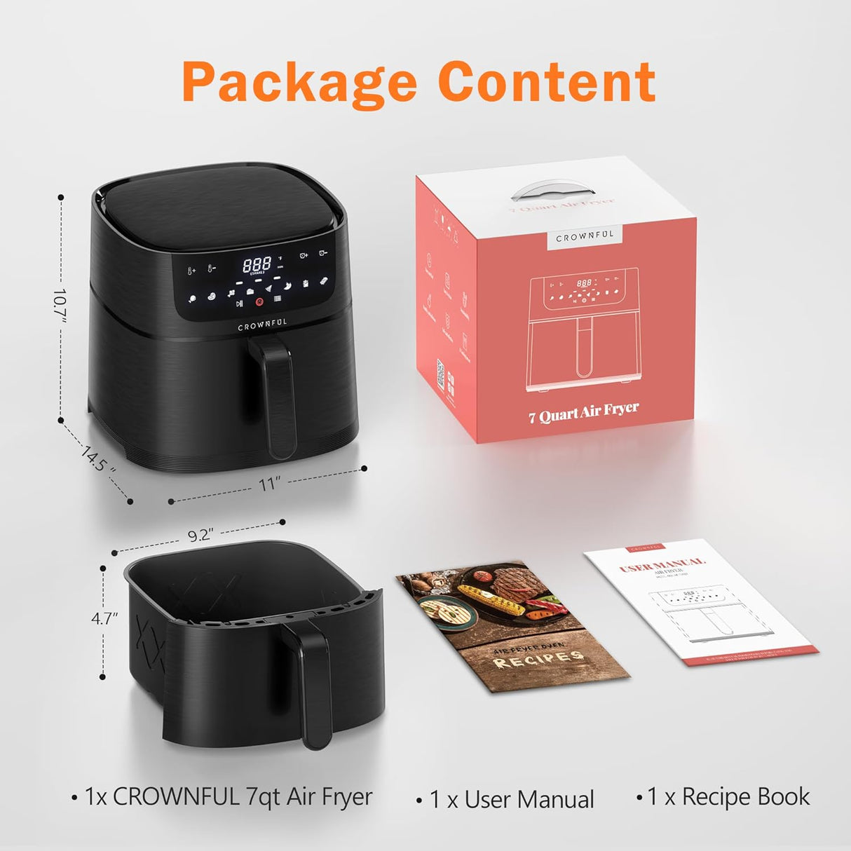 Freidora de aire 7Qt, CROWNFUL, 8 funciones, 1500W, UL