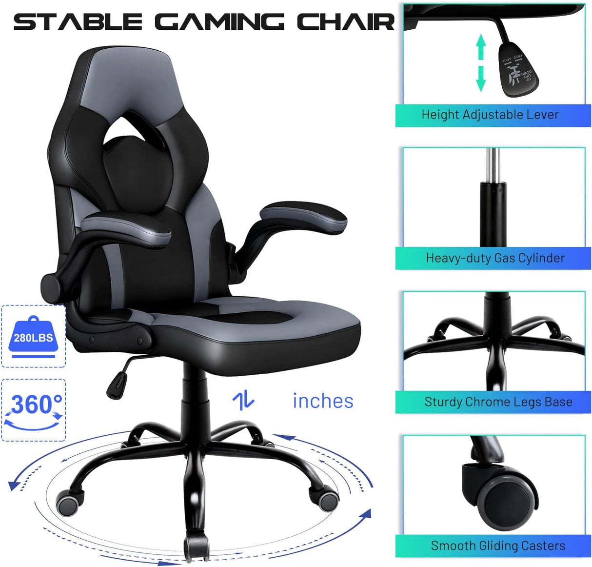 Silla Gaming ergonómica de cuero, Negro QSCH Wonder Comfort