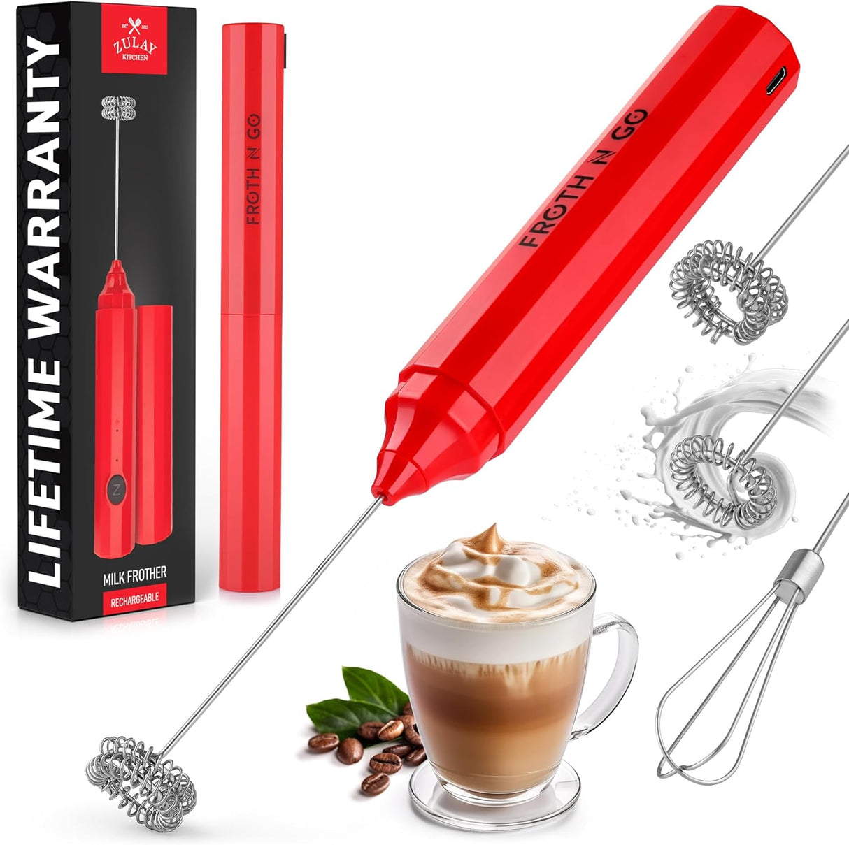 Espumador de leche recargable con estuche, modelo Froth N Go