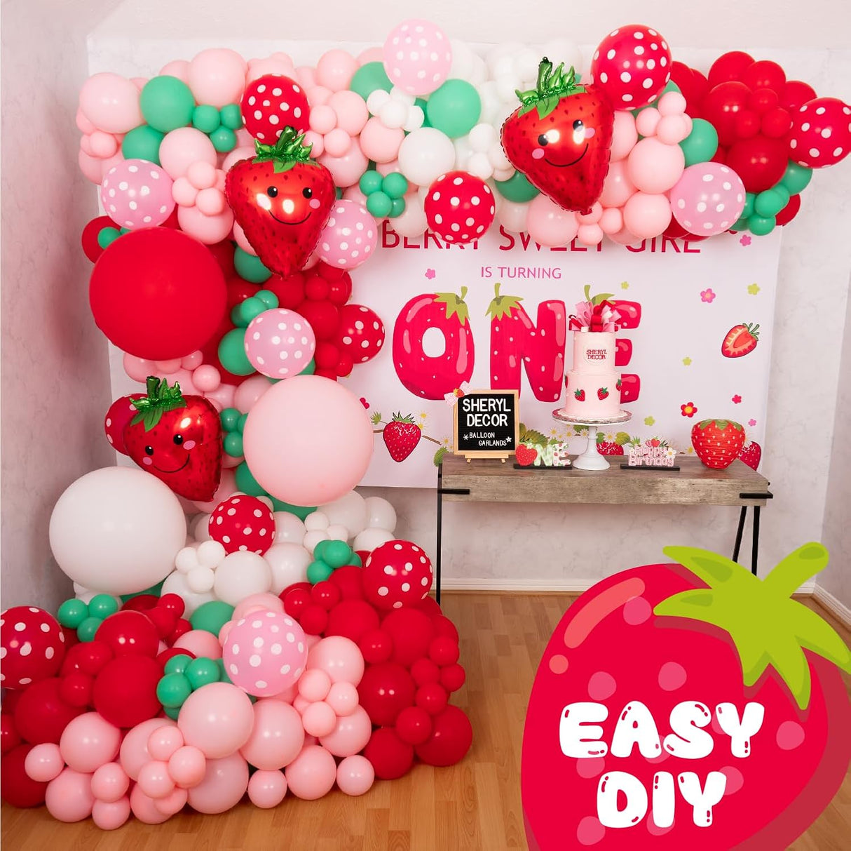 Kit de Arco Globos Fresa con Guirnalda y Bonus - Decoración Fiesta