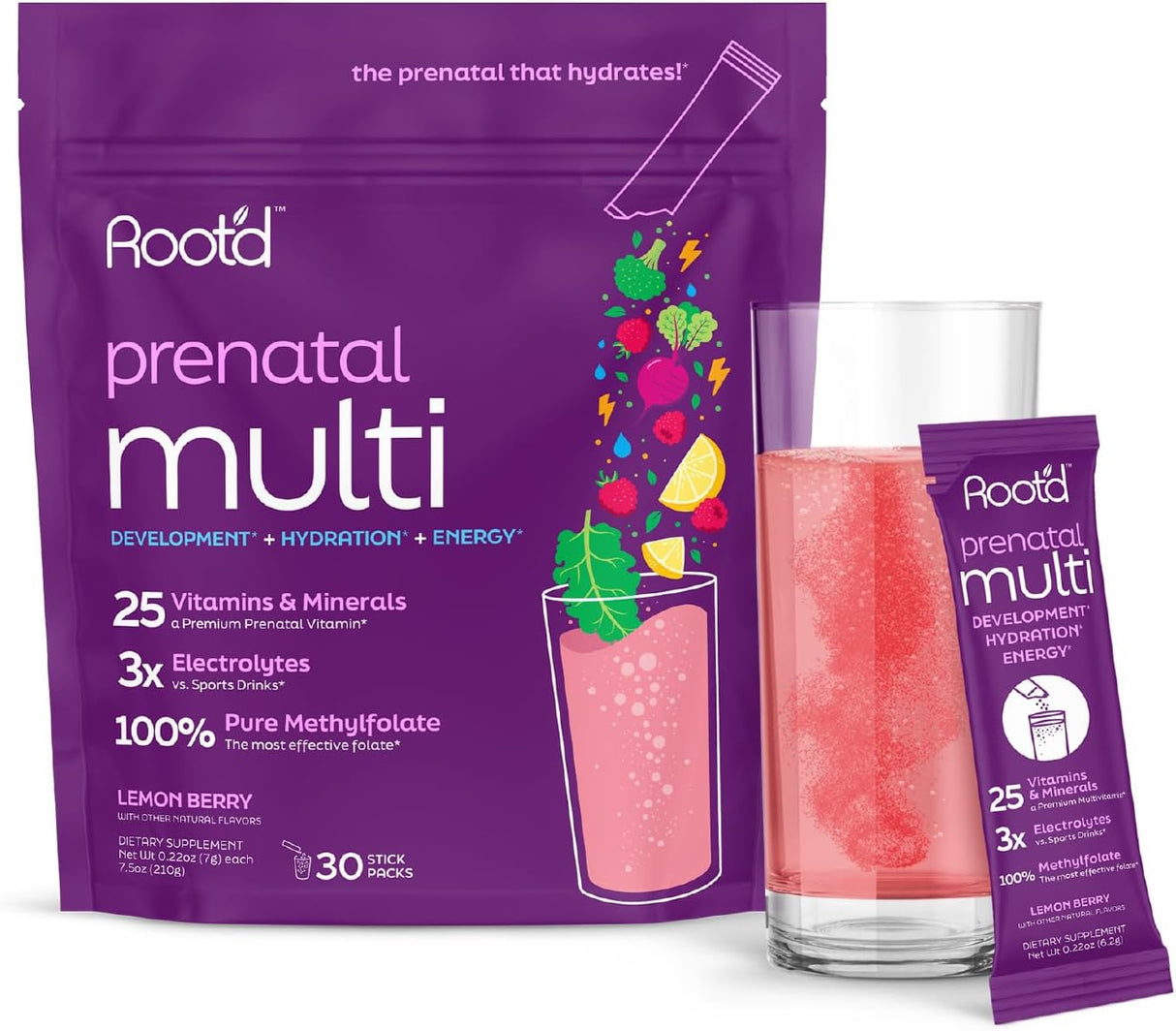 Root'd Multivitamin Prenatal en Polvo - 25 vitaminas, minerales y electrolitos, 30 sobres