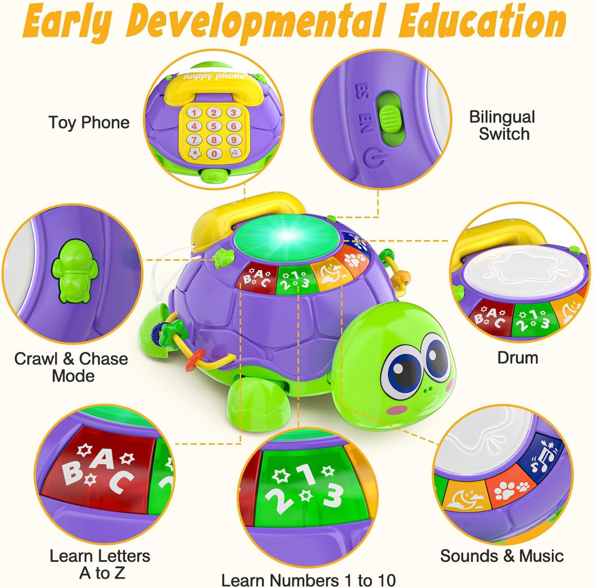 Juguete Musical para Bebés, Desarrollo, Bilingüe, Modelo Tortuga