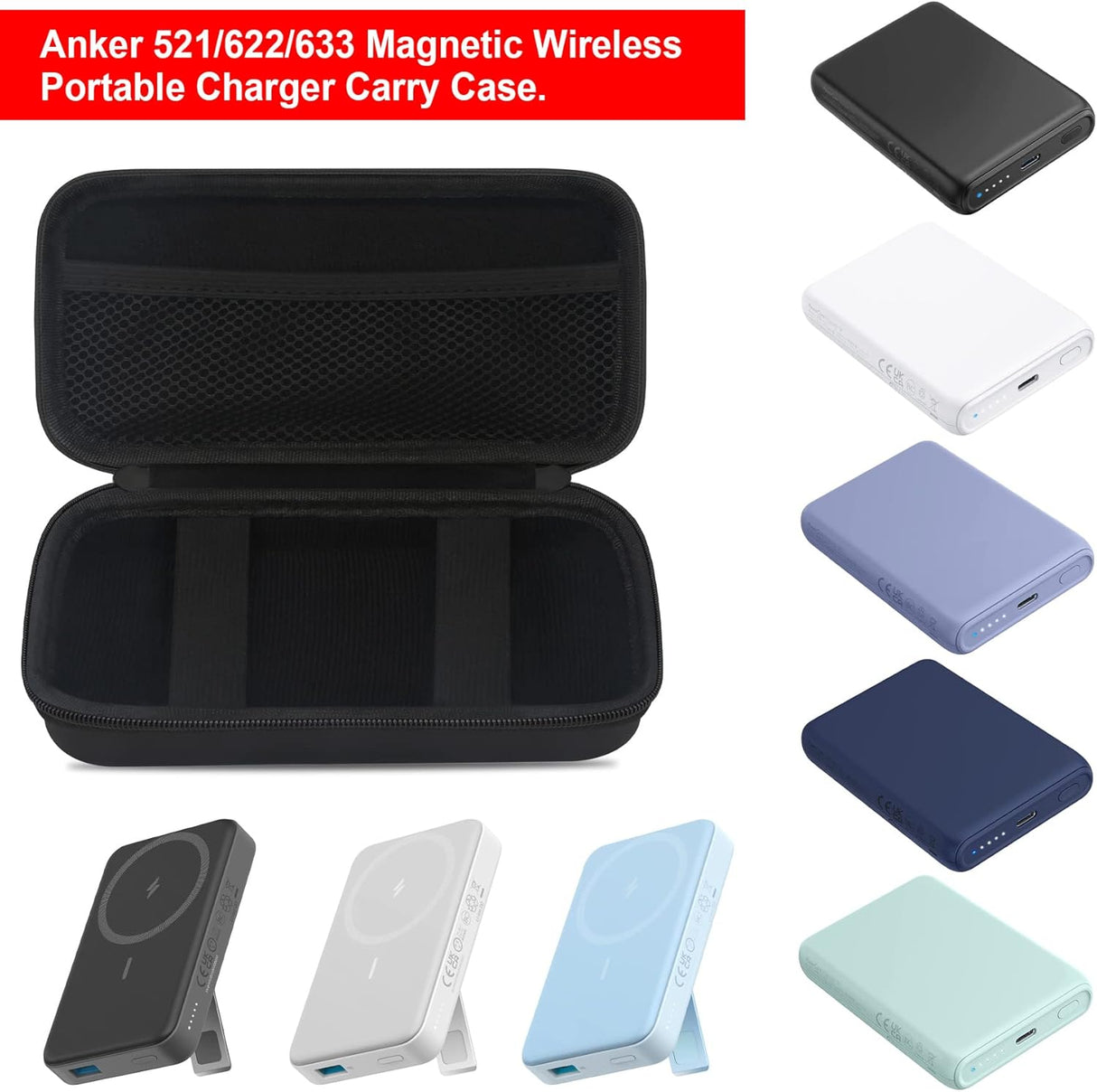 Elonbo Estuche rígido de viaje para Anker 622/633 / 521 batería magnética (MagGo), cargador portátil inalámbrico plegable magnético de almacenamiento de banco de energía, bolsillo de malla adicional para cable de carga, color negro