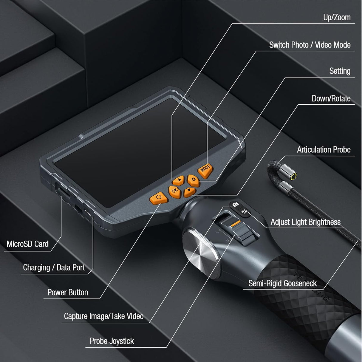 Camara de boroscopio articulado, con luz LED y pantalla