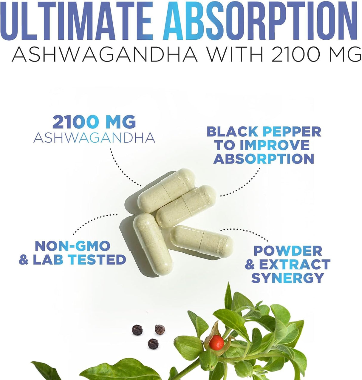Ashwagandha 2100 mg Extra Fuerte con Pimienta Negra 60 Cápsulas