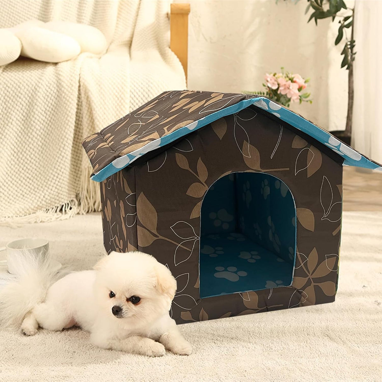 Casa para perros impermeable plegable con cojín, refugio fresco