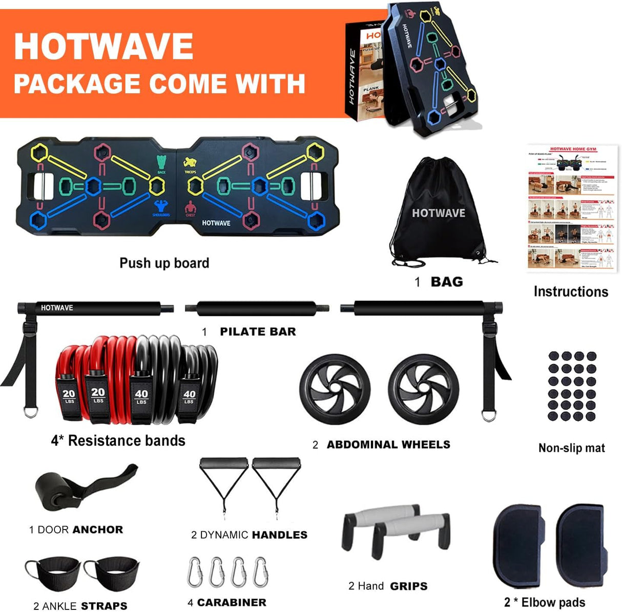 Equipo de Ejercicio HOTWAVE con 20 Accesorios y Banda de Resistencia