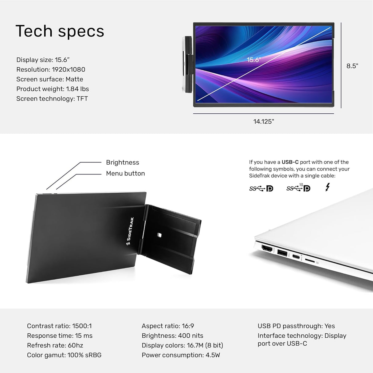 Monitor portátil SideTrak 15.6 para laptop, USB-C, FDH