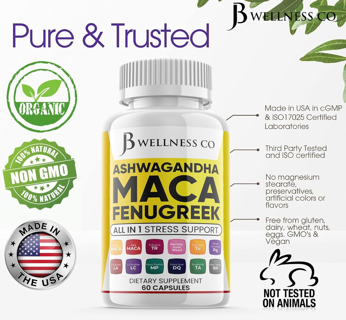 Suplemento de Ashwagandha Maca Fenogreco y Ginseng 60 Cápsulas