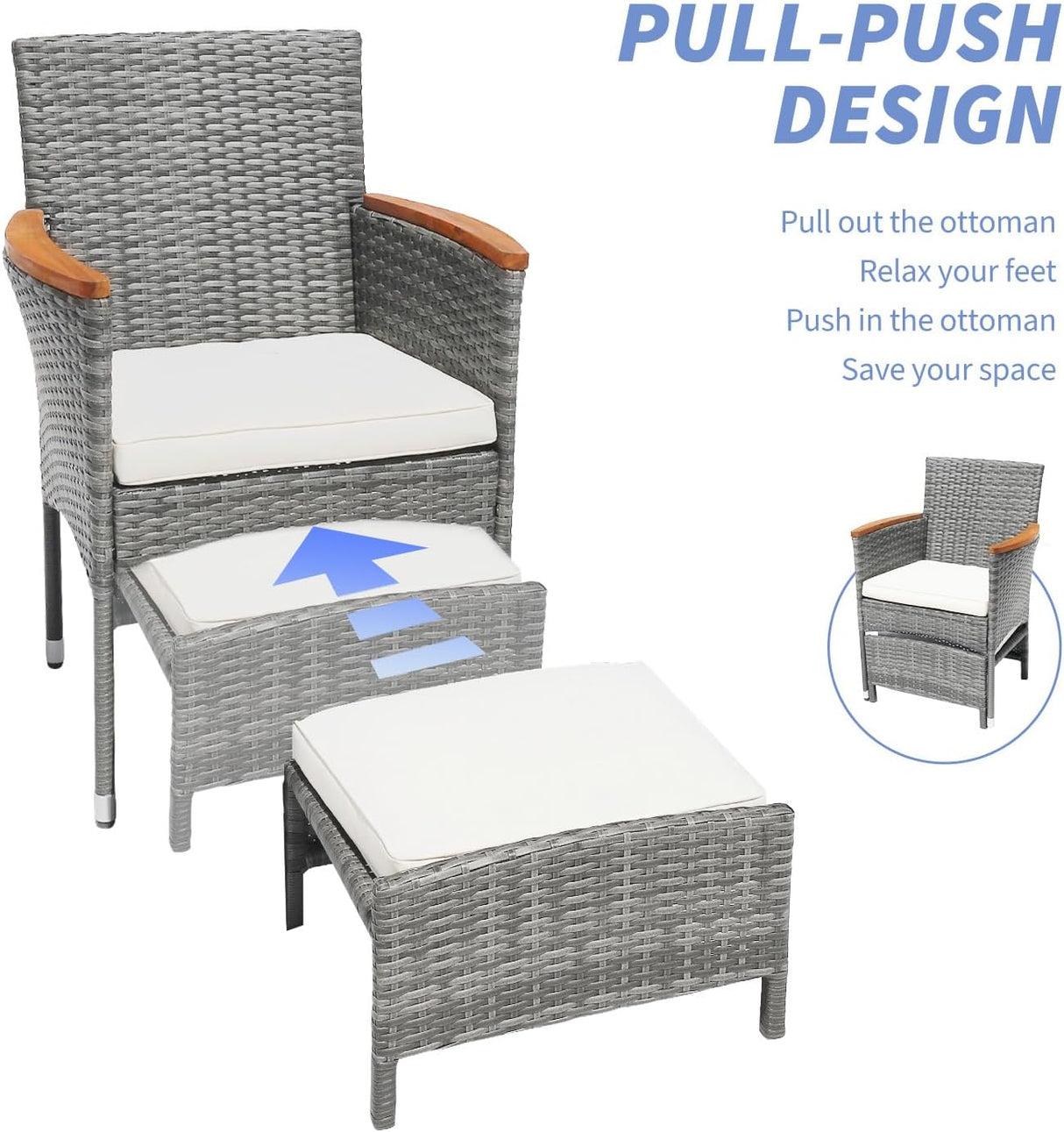 Juego de 5 muebles de patio al aire libre con mesa y otomana de ratán de polietileno para exteriores, juego de 2 sillas de jardín para exteriores, juegos de conversación para porche, balcón, piscina y terraza