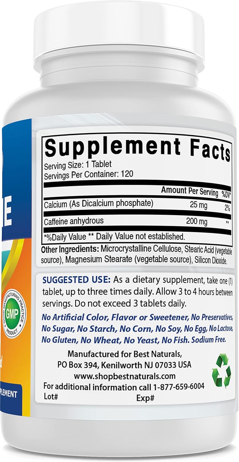 Píldoras de Cafeína 200mg Best Naturals - Sin Habit, 360 Tabletas