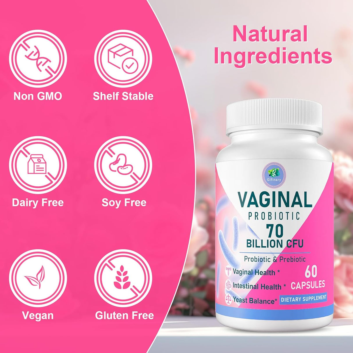 Probiótico vaginal mujer, 70B CFUs, equilibrio pH, prebiotico, D-Mannosa, 60 caps