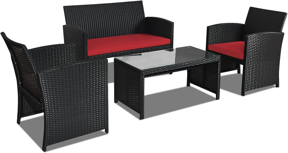 Goplus Juego de muebles de ratán para patio, 4 piezas, juego de sofá y mesa de mimbre para exteriores con cojines suaves y mesa de centro de vidrio templado para balcón, jardín, patio trasero (rojo)