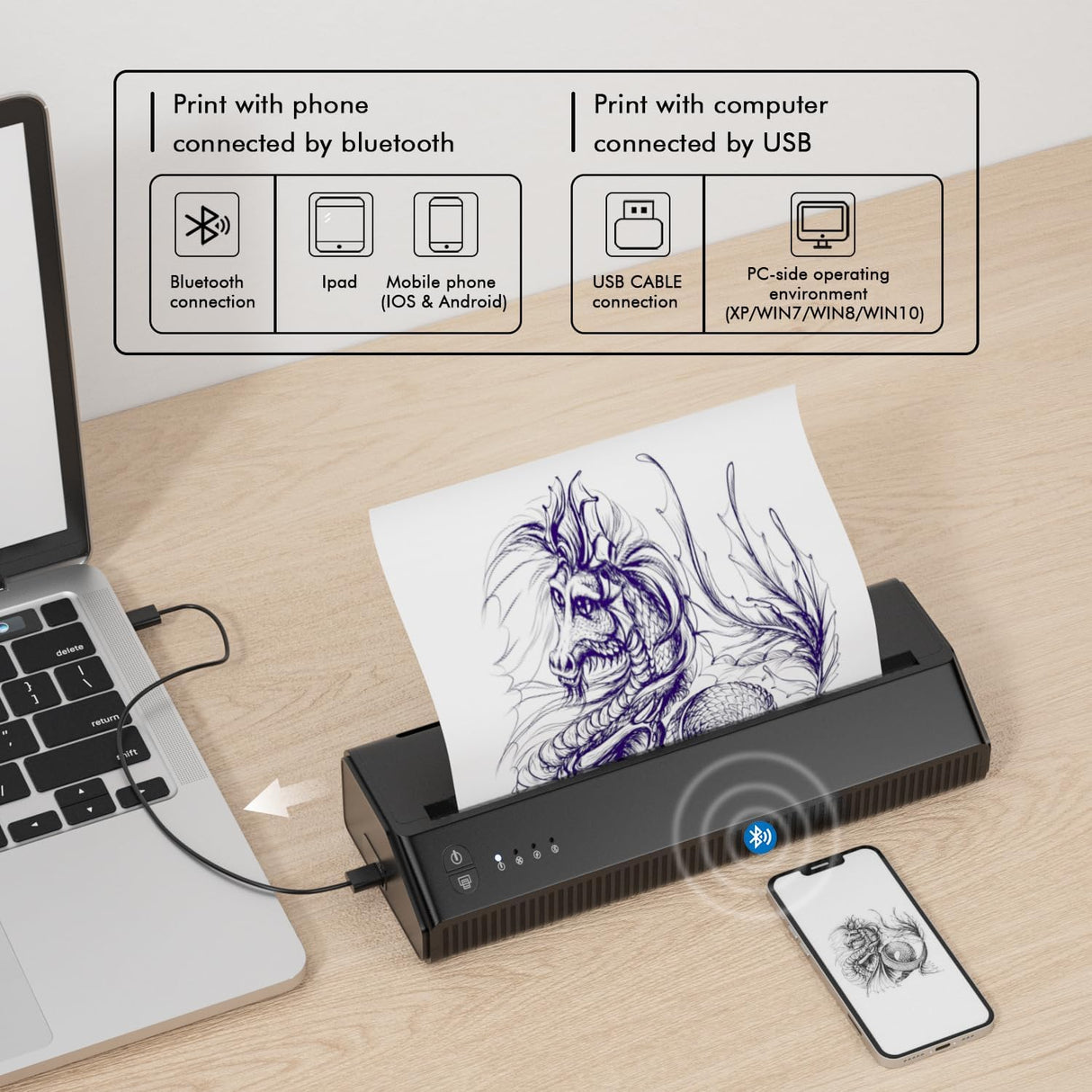 LIUMATE Impresora de tatuajes inalámbrica para tatuajes, impresora térmica Bluetooth, máquina de plantillas de transferencia de tatuajes, copiadora térmica para tatuajes con 10 piezas de papel de