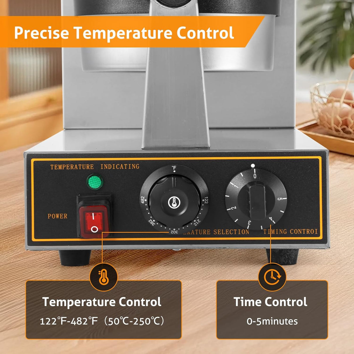 Waffle Maker WICHEMI 360° Flip, No Stick, Control Tiempo, 110V
