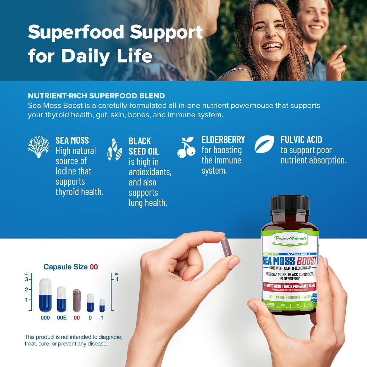 Power By Naturals Sea Moss Cápsulas Orgánicas con Aceite de Semilla Negra y Elderberry