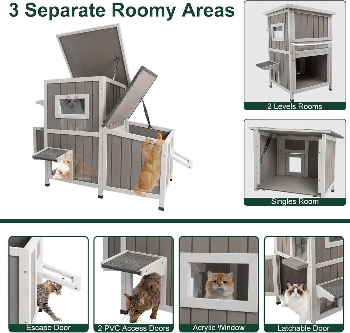 Refugio para Gatos Feral, Casa de Madera, 3 Habitaciones, Modelo 2.