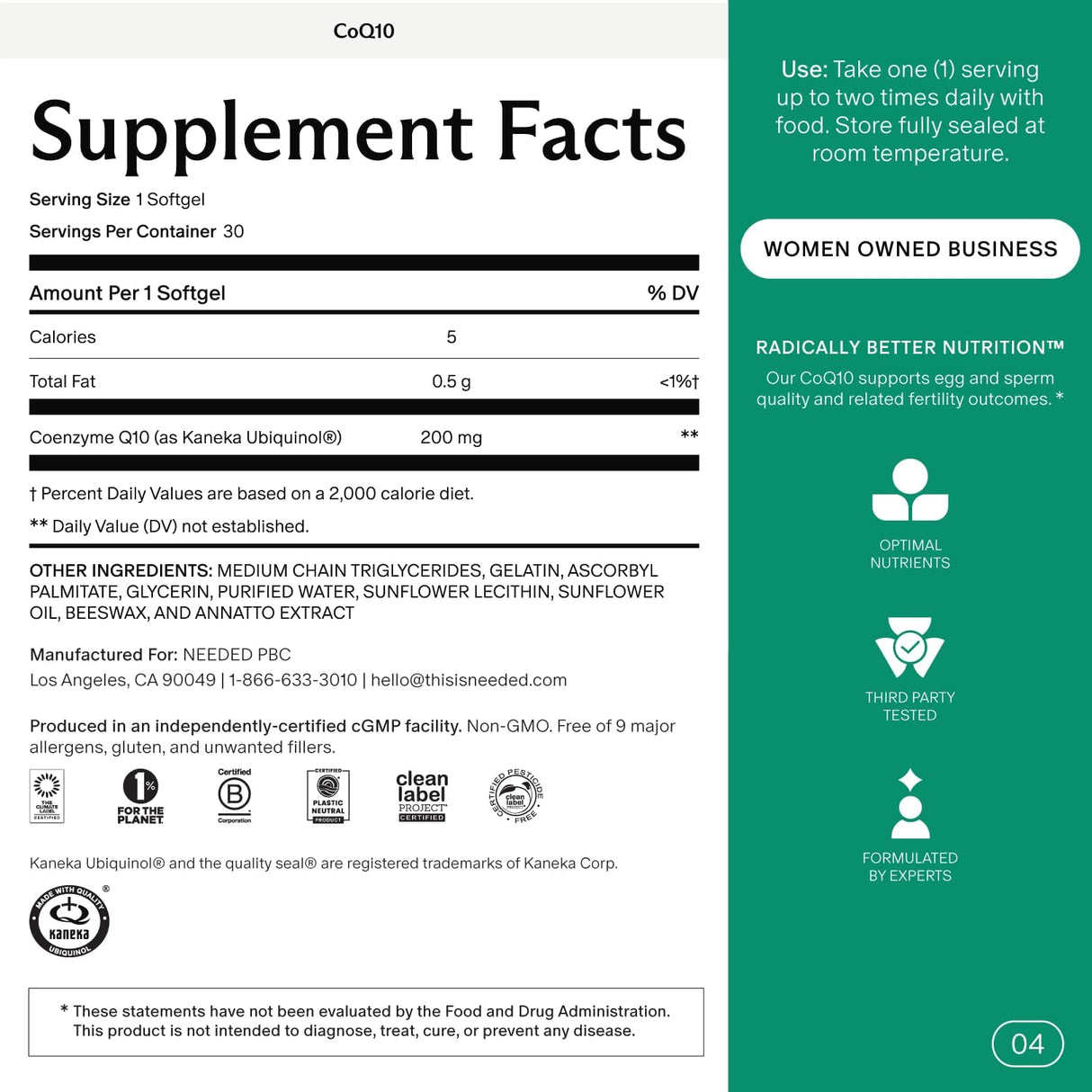Suplemento de CoQ10 200mg Ubiquinol – Salud Preconcepción, 30 cápsulas