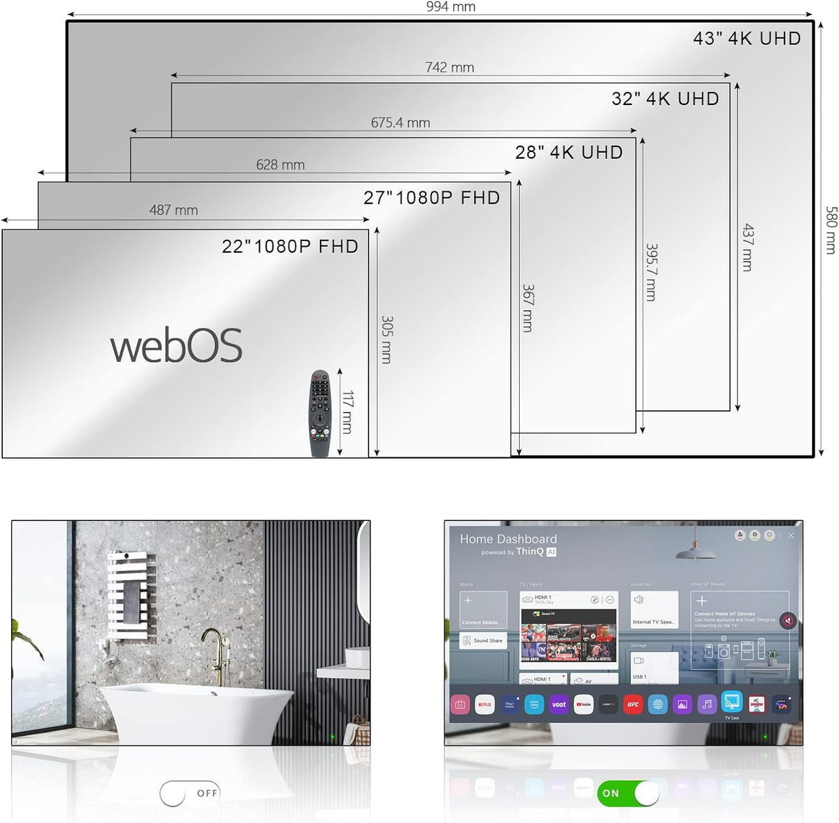 Espejo TV Inteligente Soulaca 42 4K LED IP65 con Control Vocal