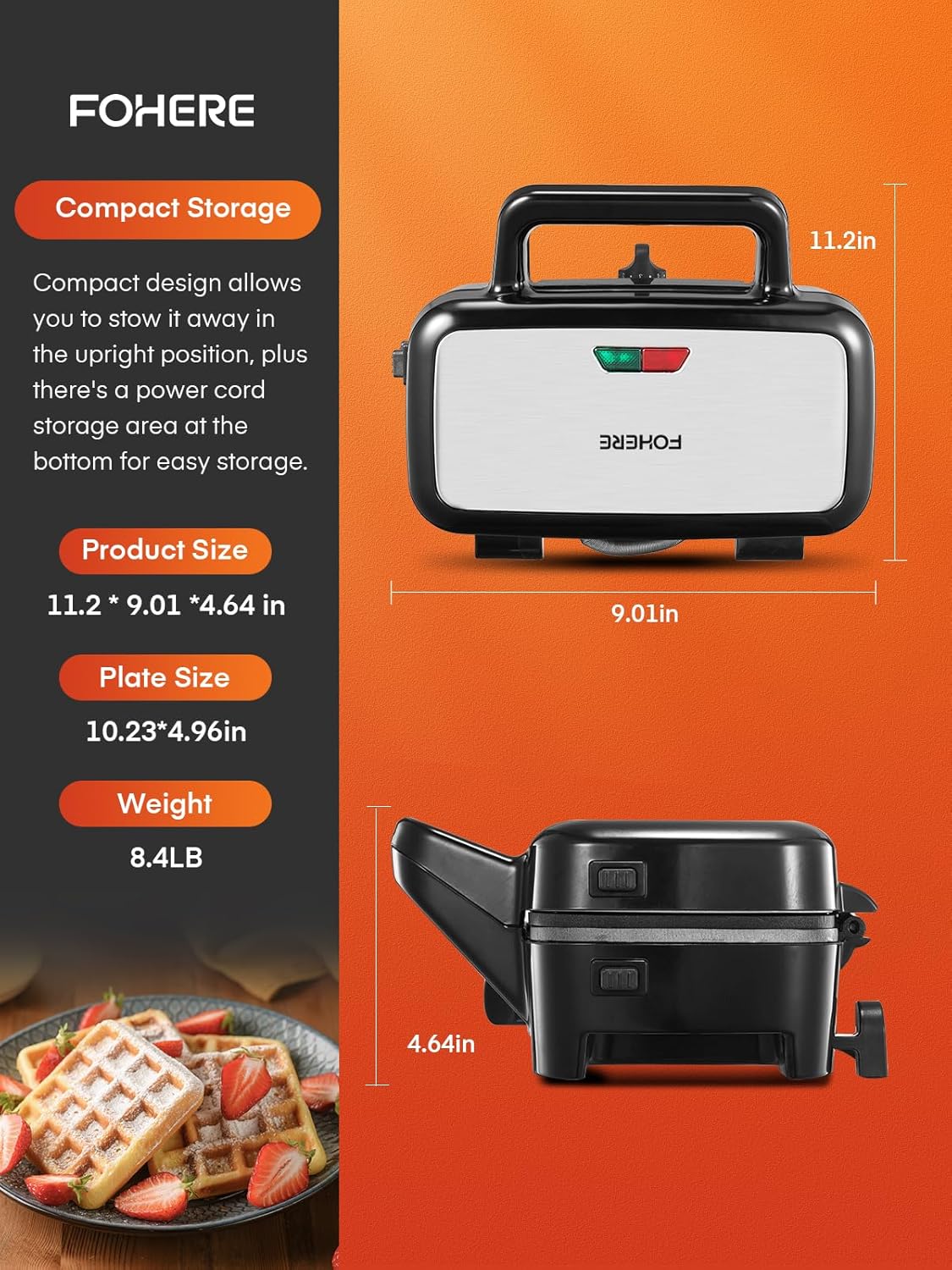 Waffle Maker 3 en 1 FOHERE, 1200W, Placas Removibles, Control T°