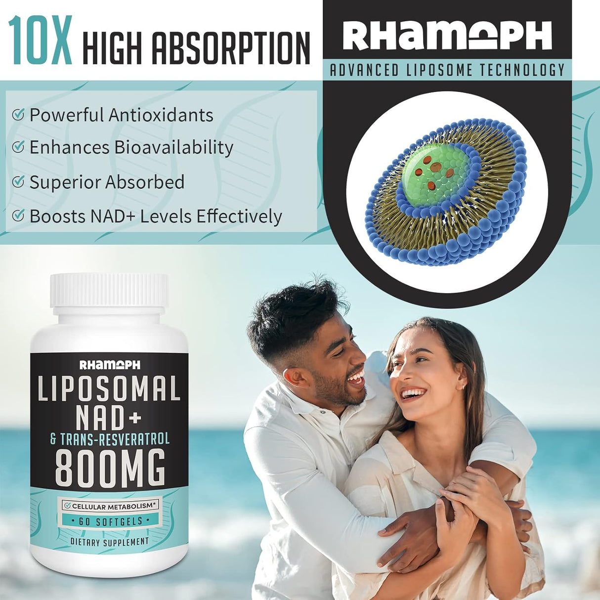 Suplemento Rhamoph NAD+ liposomal con trans-resveratrol 60u