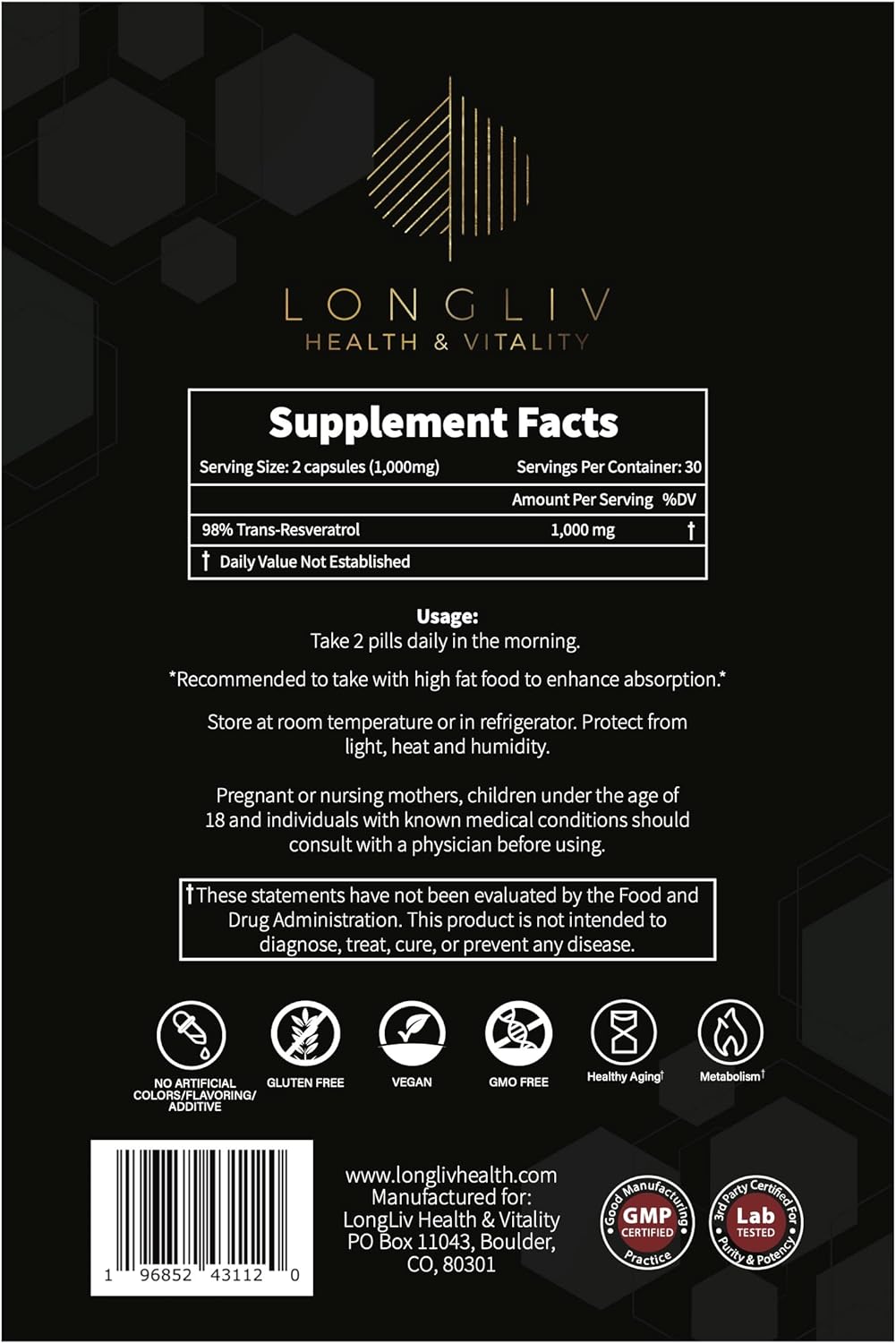 Suplemento de resveratrol Cápsulas avanzadas de resveratrol