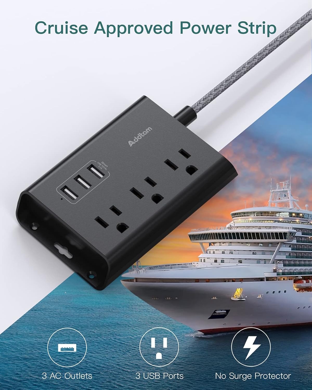 Addtam Tira de alimentación con certificado ETL 5 pies