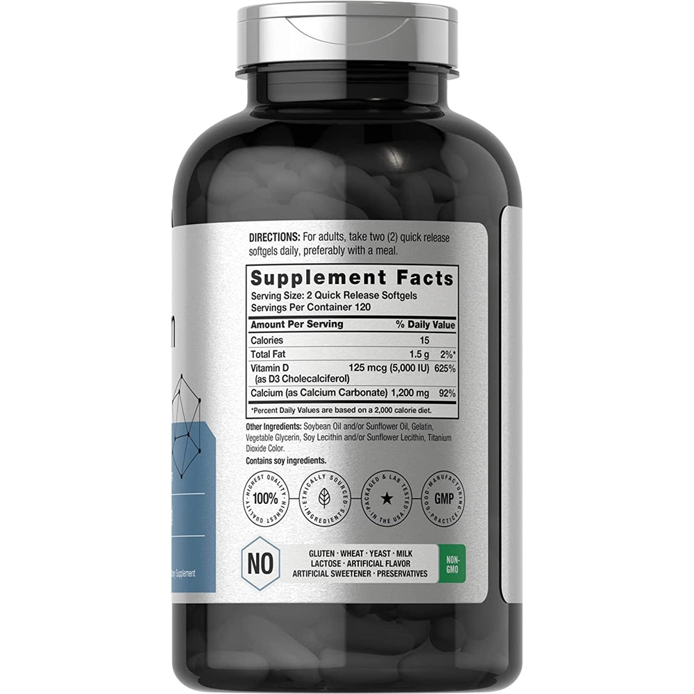 Calcio con vitamina D3 en cápsulas blandas sin OMG o gluten