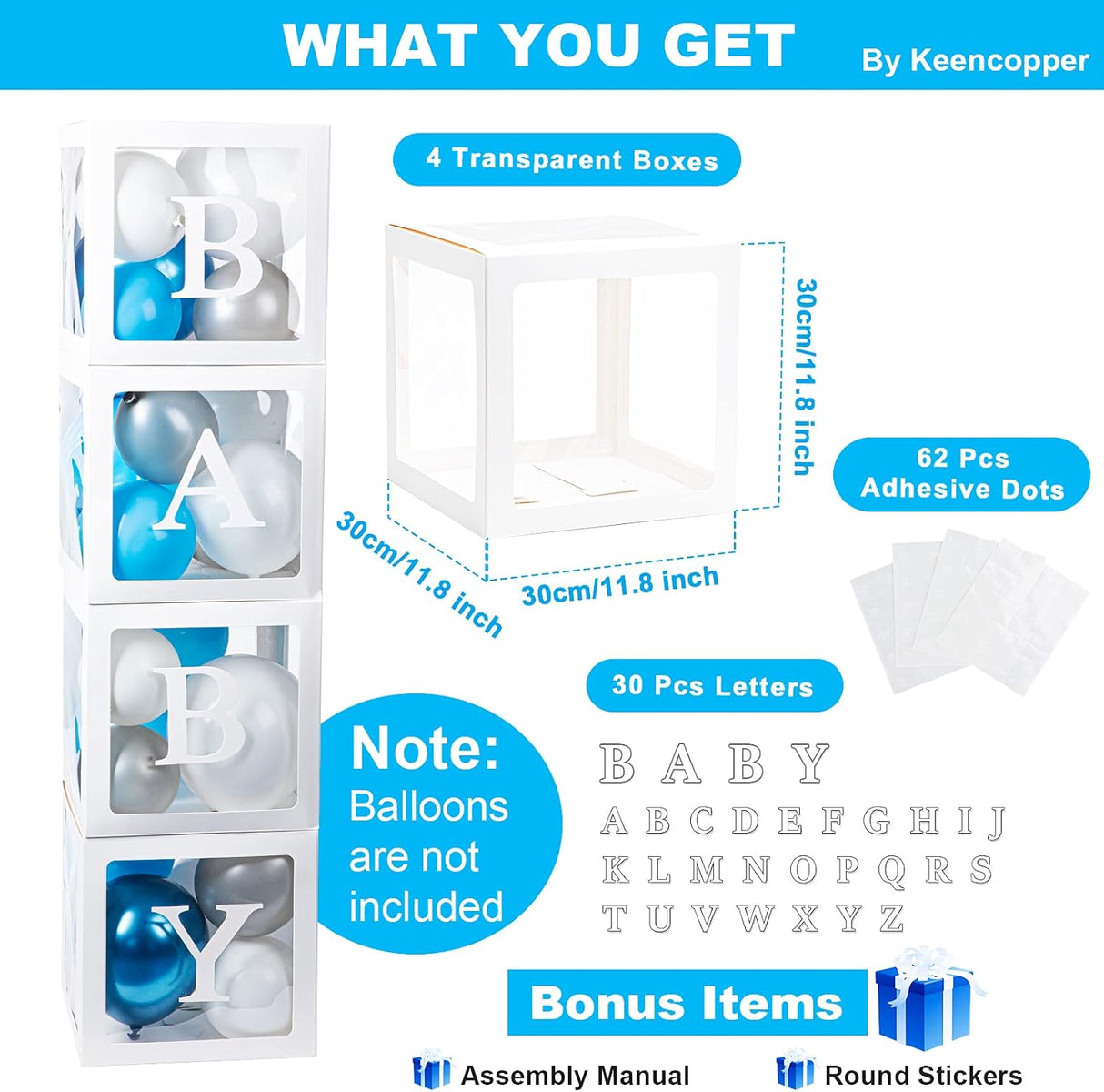 Keencopper Cajas de bebé con 30 letras (BABY+A-Z) para baby shower, decoraciones de baby shower para niño, cajas transparentes para globos transparentes para fiesta de primer cumpleaños, despedida de soltera, revelación de género, reutilizables