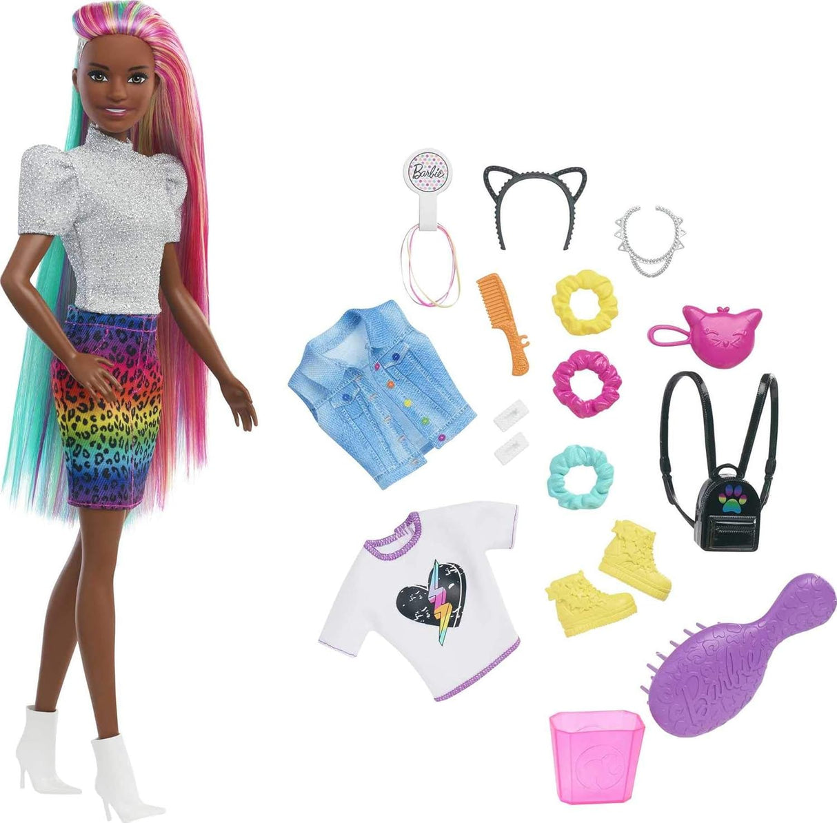 BarbieLeopardRainbowCabelloDoll conCambioColor y Accesorios para niños