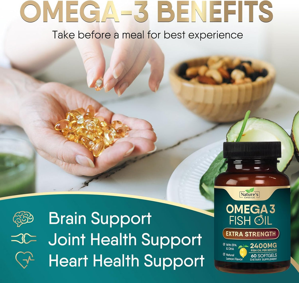 Suplemento de Omega 3 Fish Oil, 2400 mg, 60 cápsulas